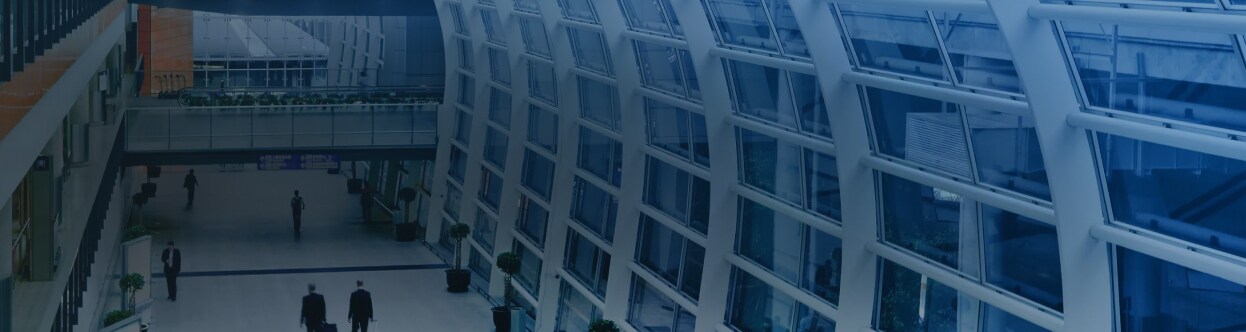 Aerial view of a passengers walking in an airport, overlaid with a blue gradient